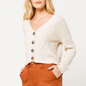 Ivy & Main Button Front Pointelle Cream Crop Long Sleeve Cardigan